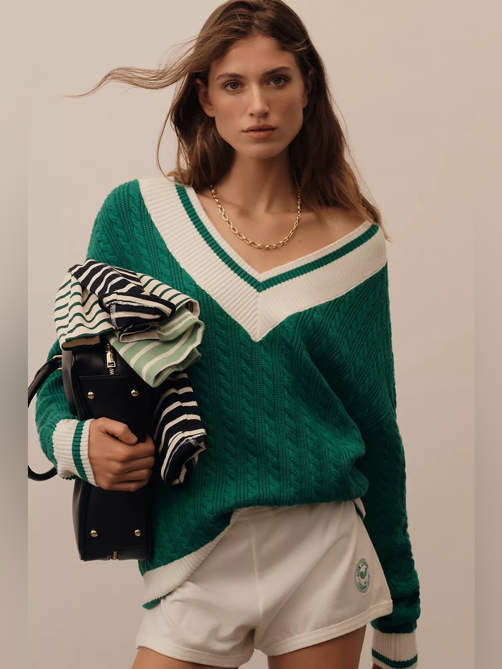 Beach Riot Montana V-Neck Cable Sweater Green White Size Medium Oversized